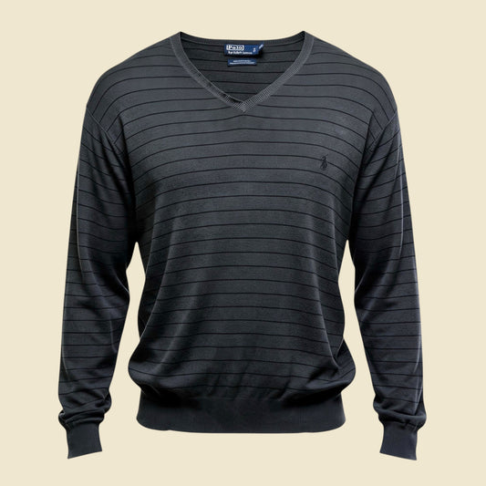 Polo by Ralph Lauren Stripe Grey Pima Cotton V Neck Sweater - XXL