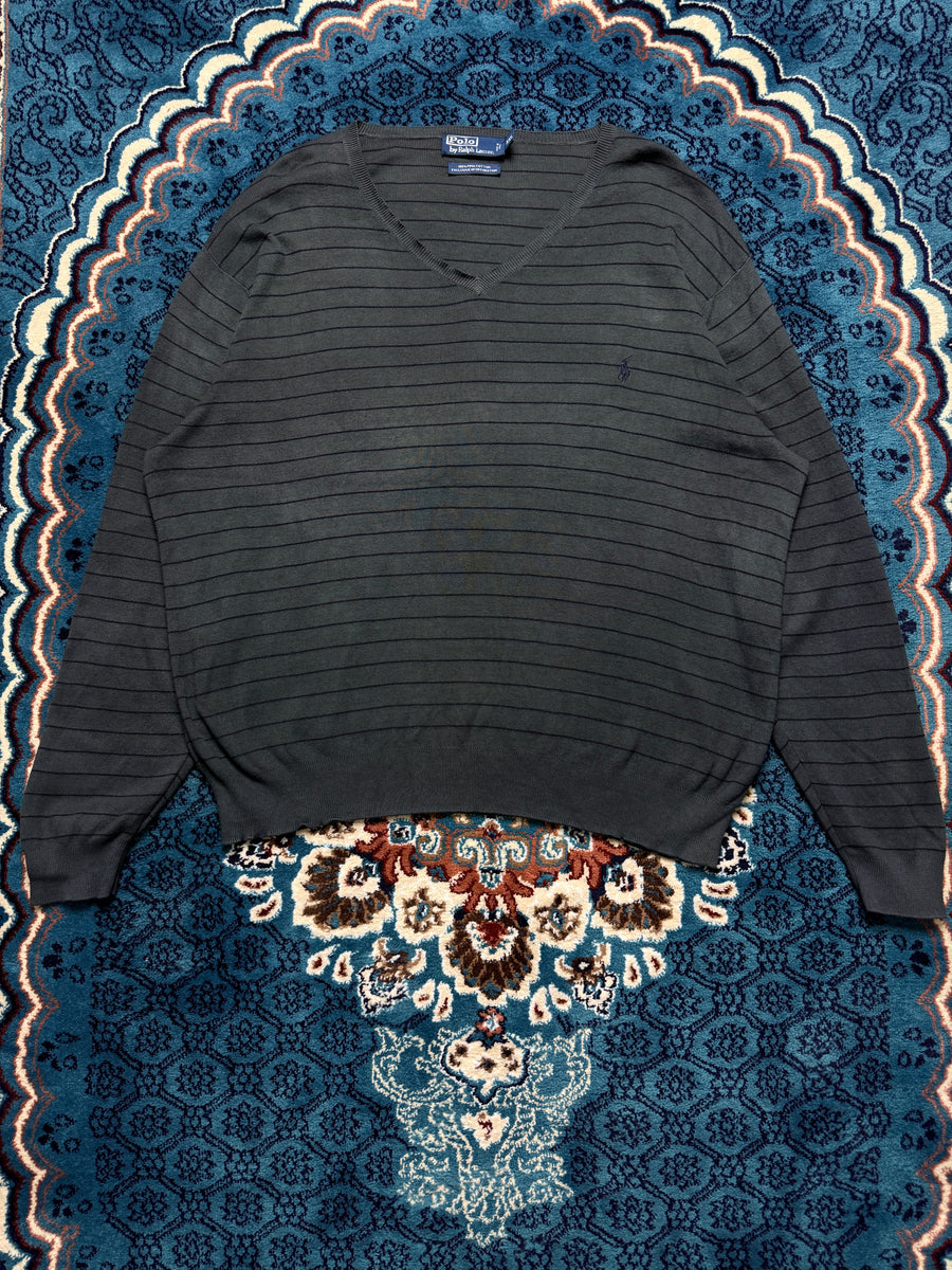 Polo by Ralph Lauren Stripe Grey Pima Cotton V Neck Sweater - XXL