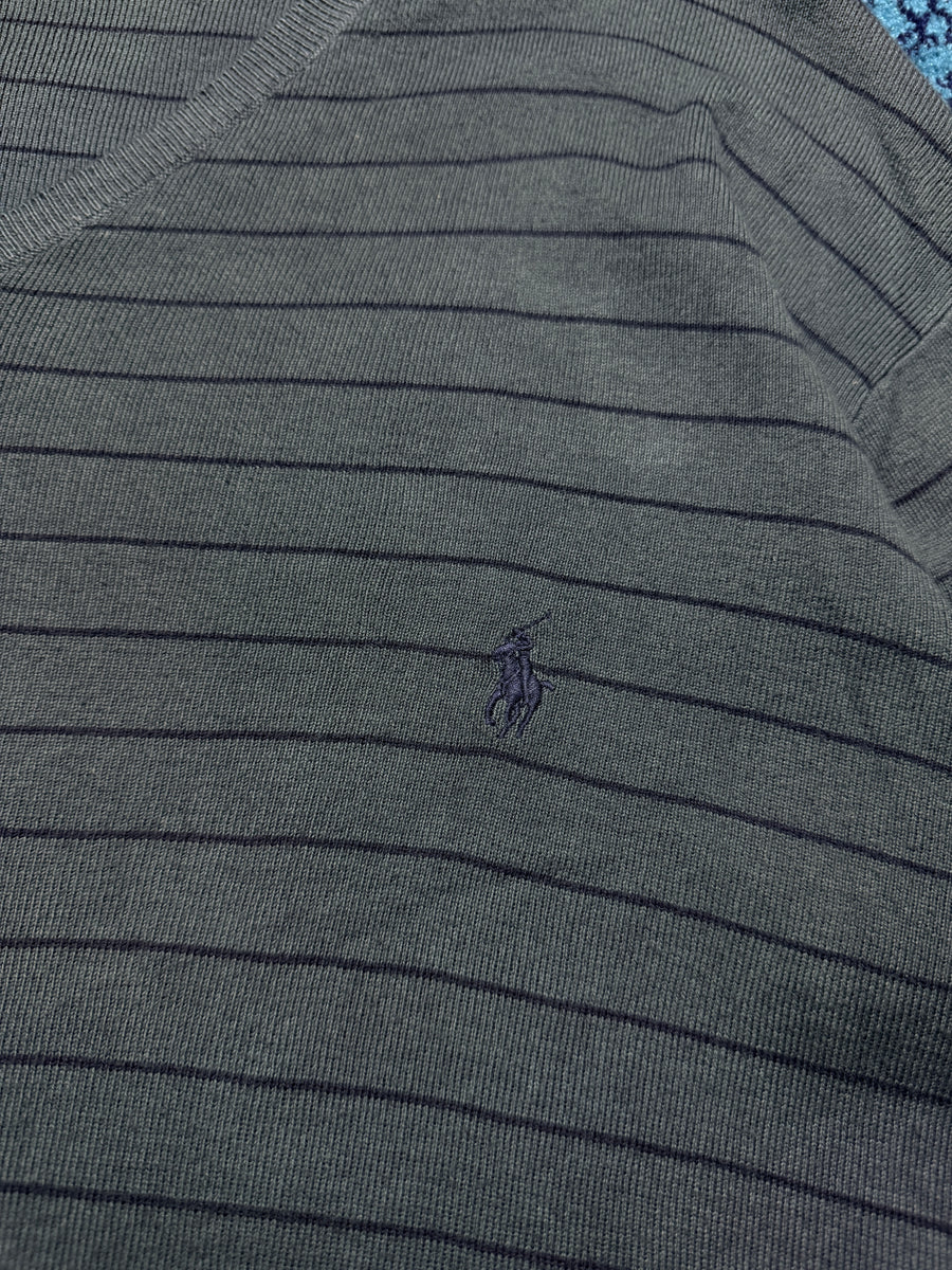 Polo by Ralph Lauren Stripe Grey Pima Cotton V Neck Sweater - XXL