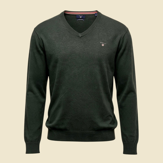 Gant Green Cotton Wool V Neck Sweater - L