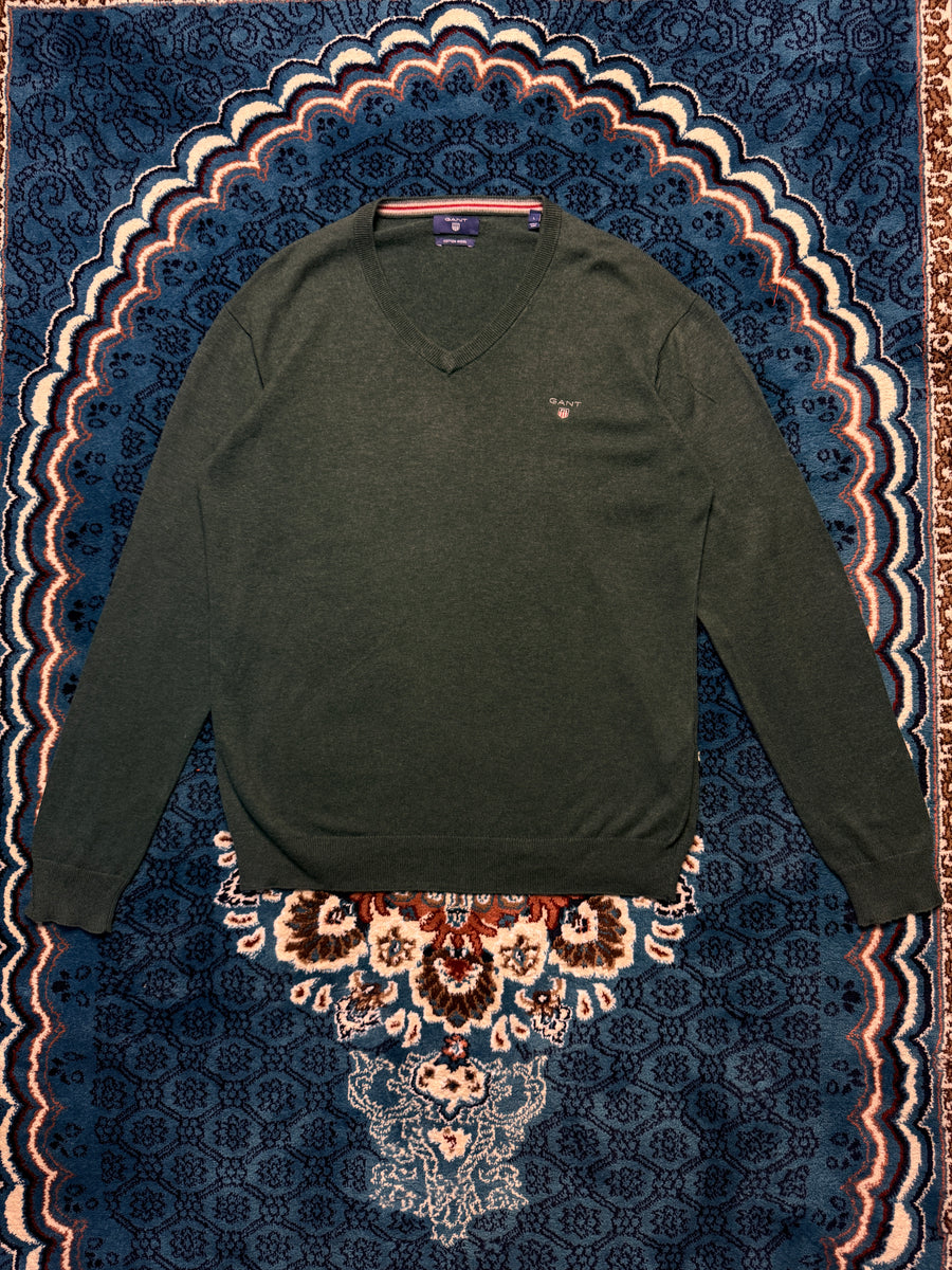 Gant Green Cotton Wool V Neck Sweater - L