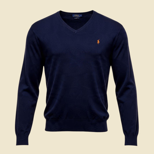Polo Ralph Lauren Navy Blue Slim Fit Pima Cotton V Neck Sweater - L