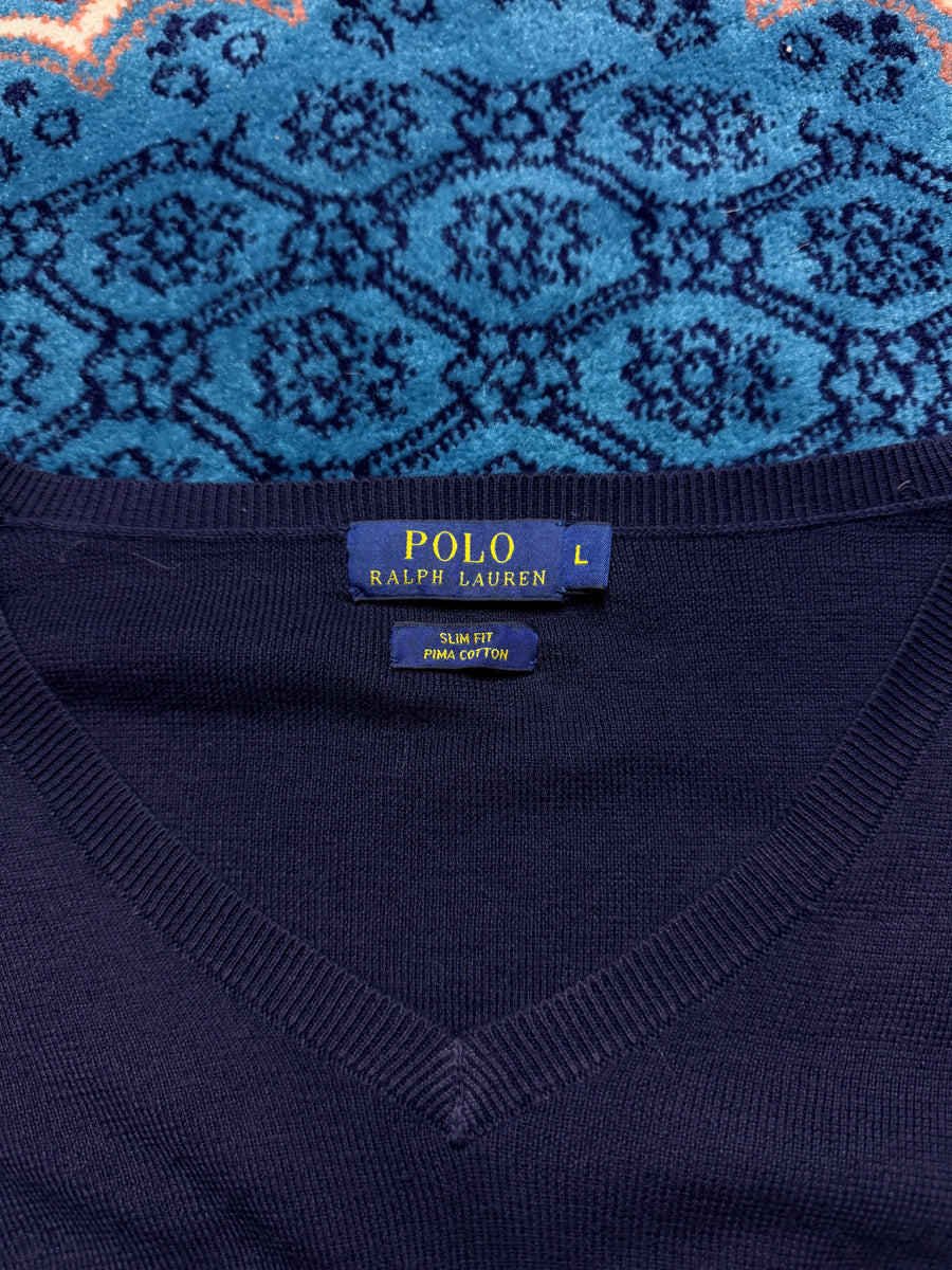 Polo Ralph Lauren Navy Blue Slim Fit Pima Cotton V Neck Sweater - L