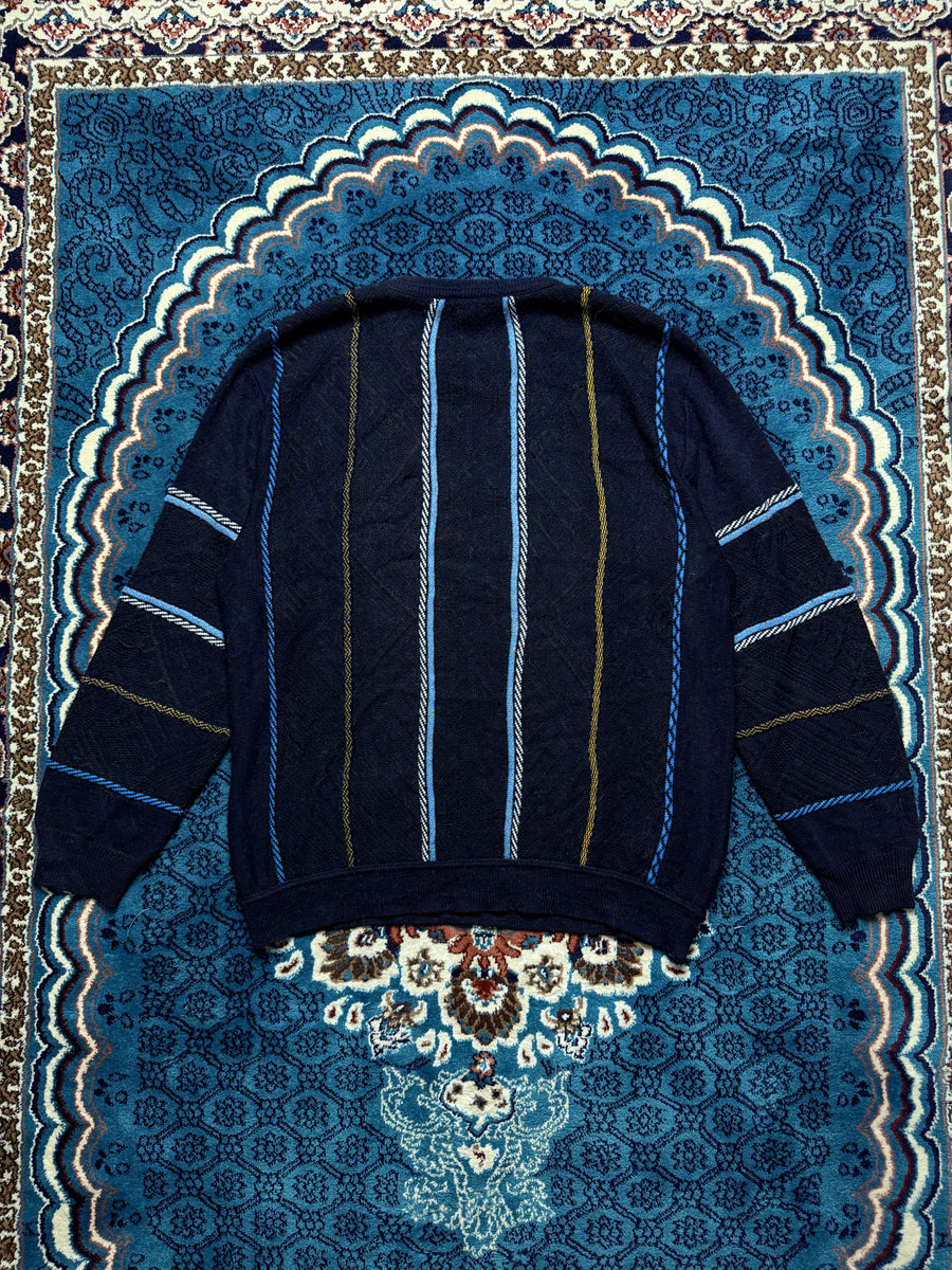 Adino Lando Textured Knit Navy Blue Crewneck Sweater - L
