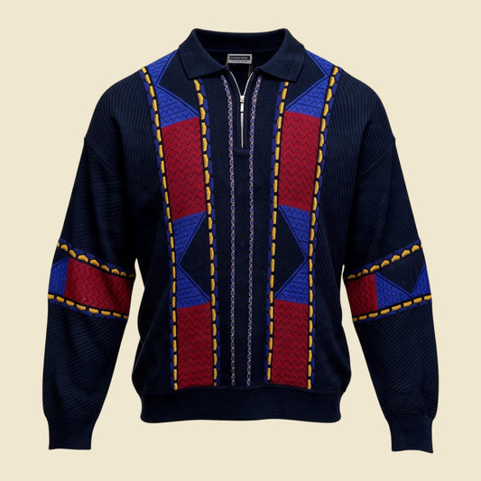 Basic Line Textured Knit Multicolour Polo Style Zipped Sweater - XL
