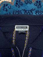 Basic Line Textured Knit Multicolour Polo Style Zipped Sweater - XL
