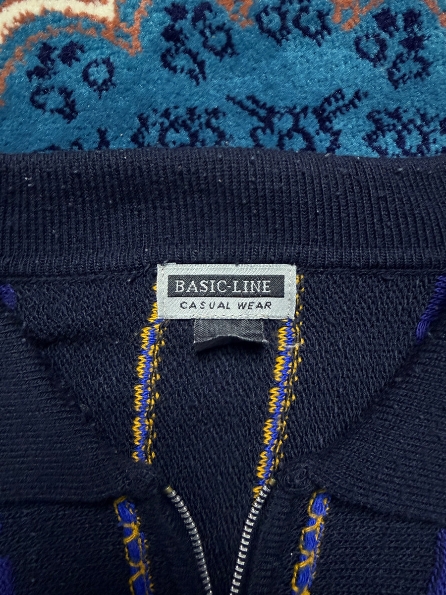 Basic Line Textured Knit Multicolour Polo Style Zipped Sweater - XL