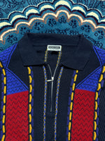 Basic Line Textured Knit Multicolour Polo Style Zipped Sweater - XL