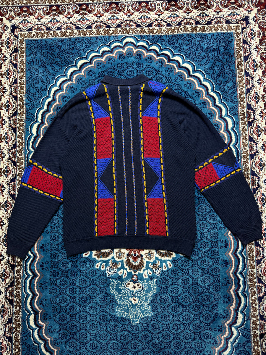 Basic Line Textured Knit Multicolour Polo Style Zipped Sweater - XL