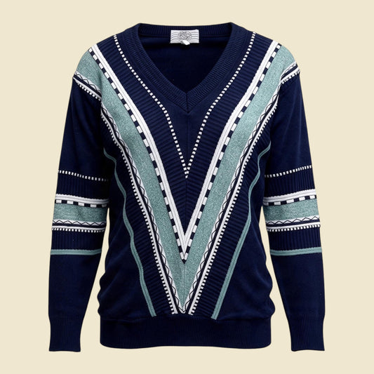 World of Man's Fashion Textured Knit Navy Blue V Neck Sweater - M