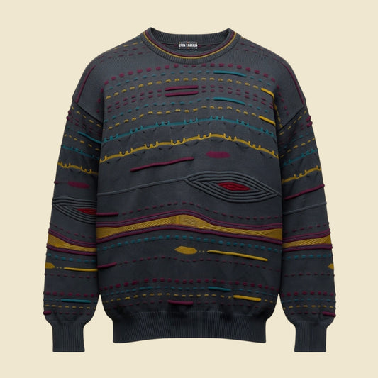 Enzo Lorenzo Textured Knit Dark Grey Crewneck Sweater - XL