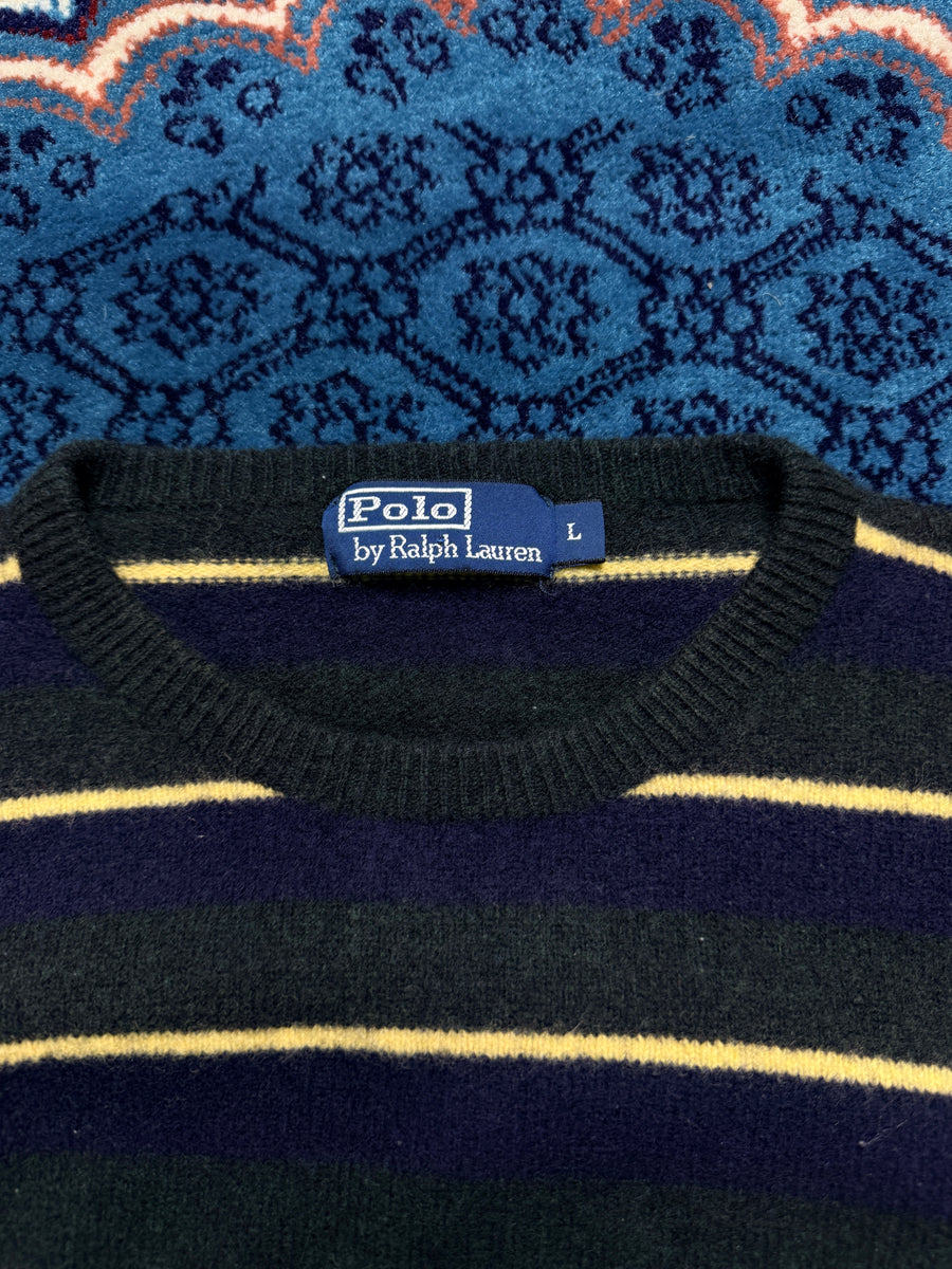 Polo by Ralph Lauren Stripe Green Lambs Wool Crewneck Sweater - L