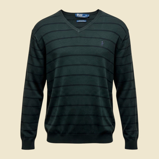 Polo by Ralph Lauren Stripe Charcoal Grey Pima Cotton V Neck Sweater - L