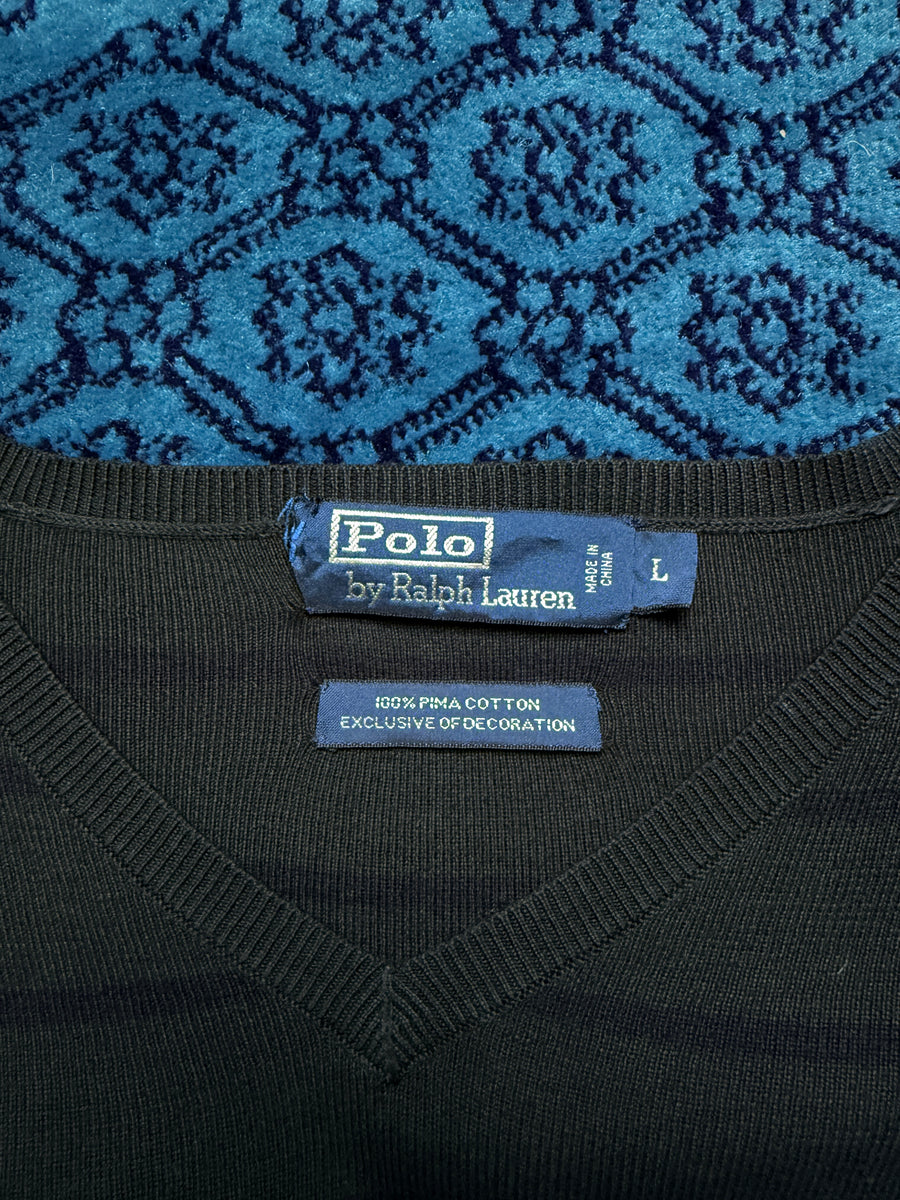 Polo by Ralph Lauren Stripe Charcoal Grey Pima Cotton V Neck Sweater - L