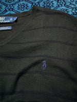 Polo by Ralph Lauren Stripe Charcoal Grey Pima Cotton V Neck Sweater - L