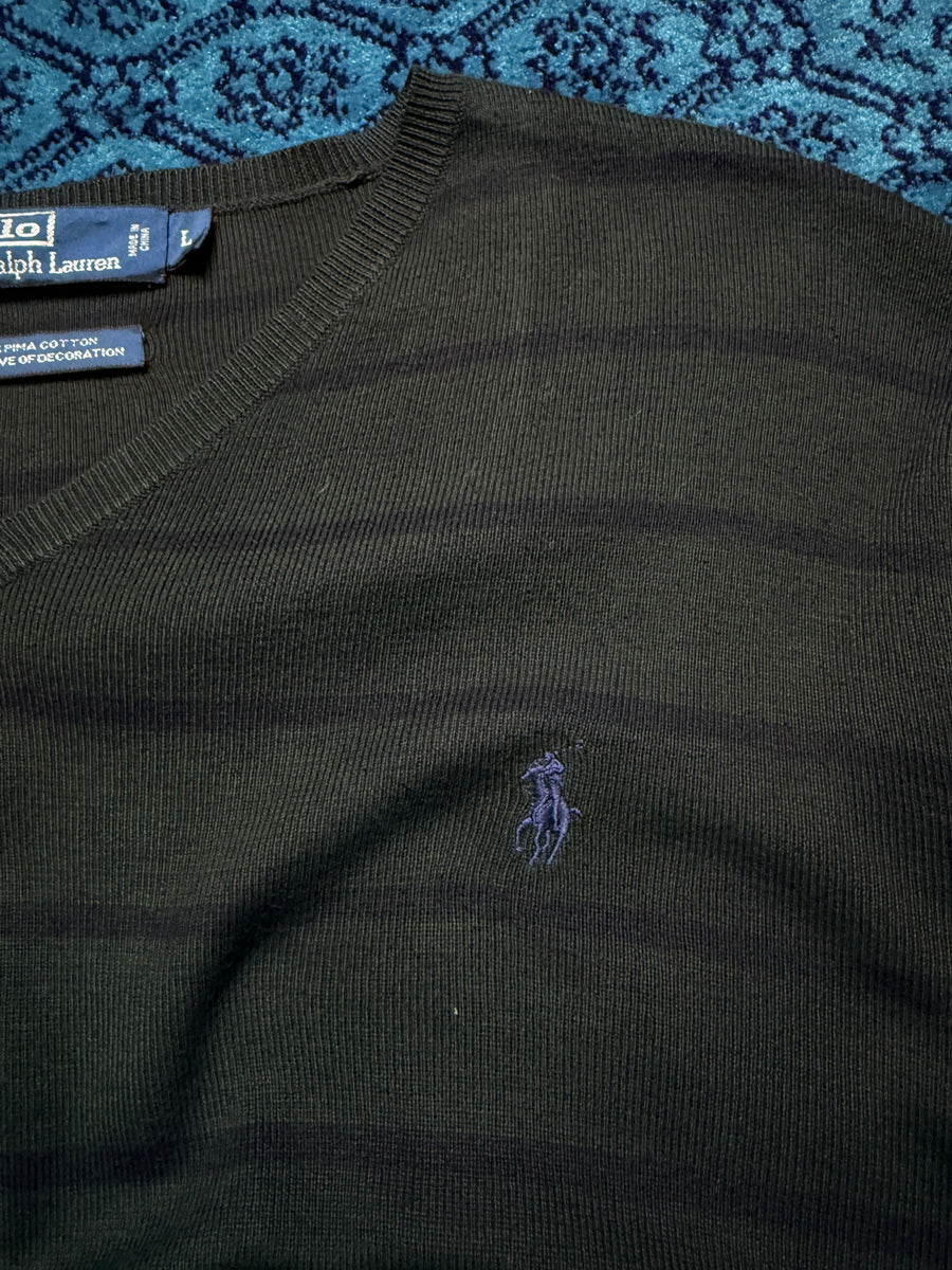 Polo by Ralph Lauren Stripe Charcoal Grey Pima Cotton V Neck Sweater - L