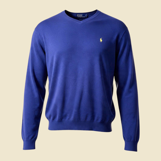 Polo by Ralph Lauren Blue Pima Cotton V Neck Faded Sweater - XL