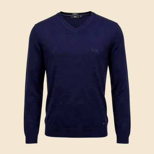Hugo Boss Navy Blue Extra Fine Merino Wool V Neck Sweater - L