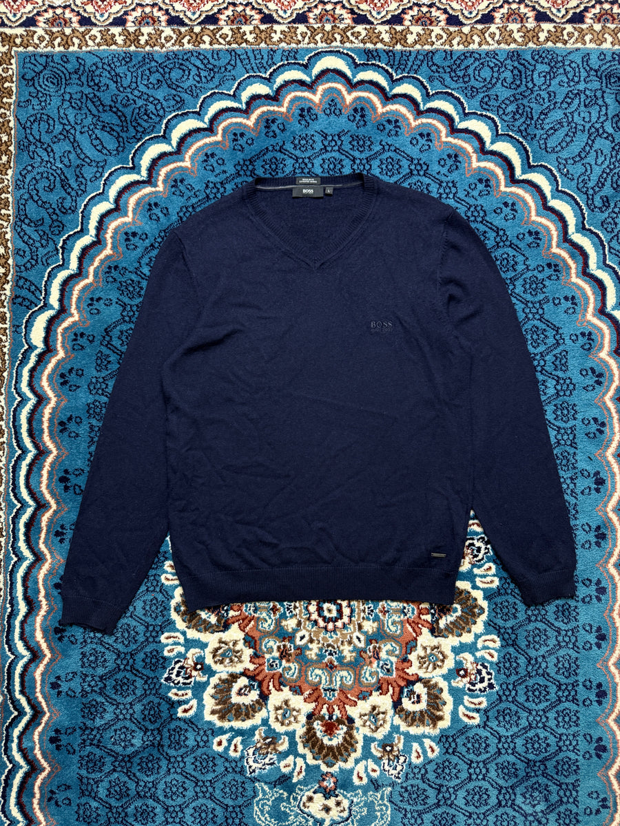 Hugo Boss Navy Blue Extra Fine Merino Wool V Neck Sweater - L