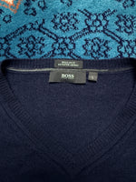 Hugo Boss Navy Blue Extra Fine Merino Wool V Neck Sweater - L