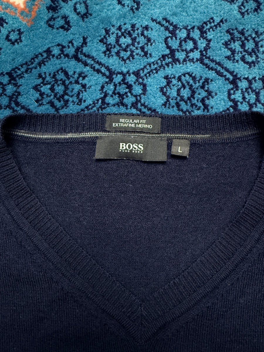 Hugo Boss Navy Blue Extra Fine Merino Wool V Neck Sweater - L