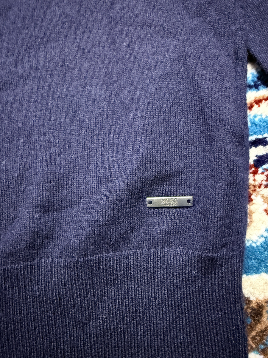 Hugo Boss Navy Blue Extra Fine Merino Wool V Neck Sweater - L