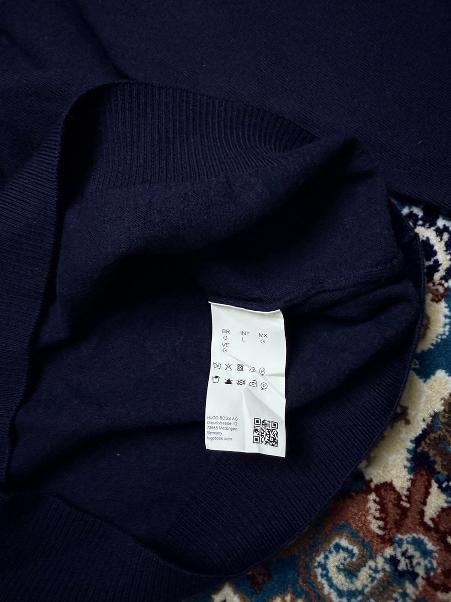 Hugo Boss Navy Blue Extra Fine Merino Wool V Neck Sweater - L
