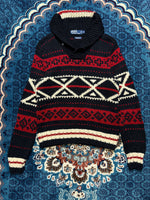 Polo by Ralph Lauren Black & Red Funky Pima Cotton Hand Knit Shawl Neck Sweater - M