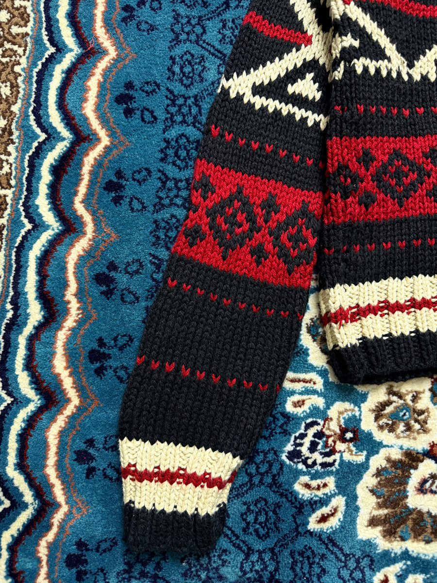 Polo by Ralph Lauren Black & Red Funky Pima Cotton Hand Knit Shawl Neck Sweater - M