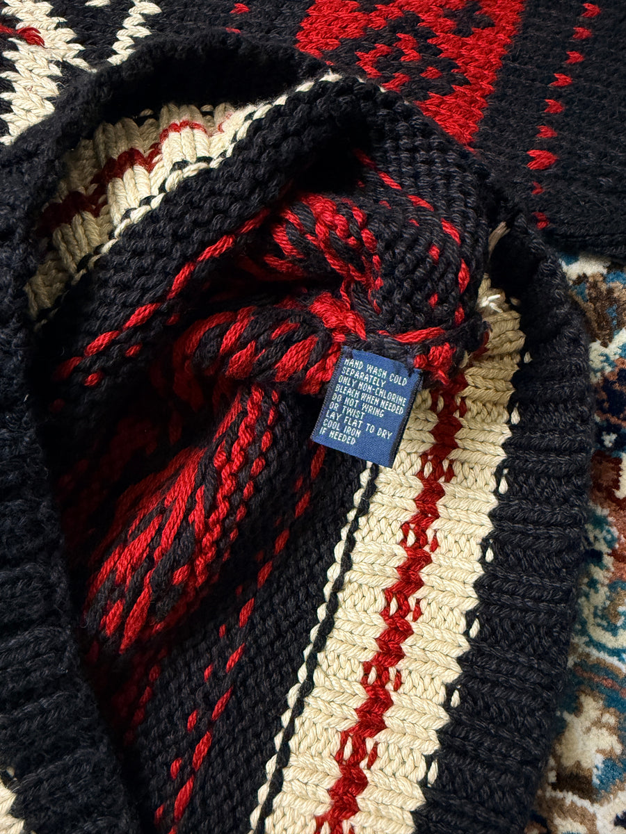 Polo by Ralph Lauren Black & Red Funky Pima Cotton Hand Knit Shawl Neck Sweater - M