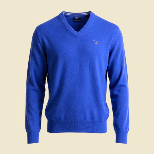 Gant Blue Super Fine Lambs Wool V Neck Sweater - L