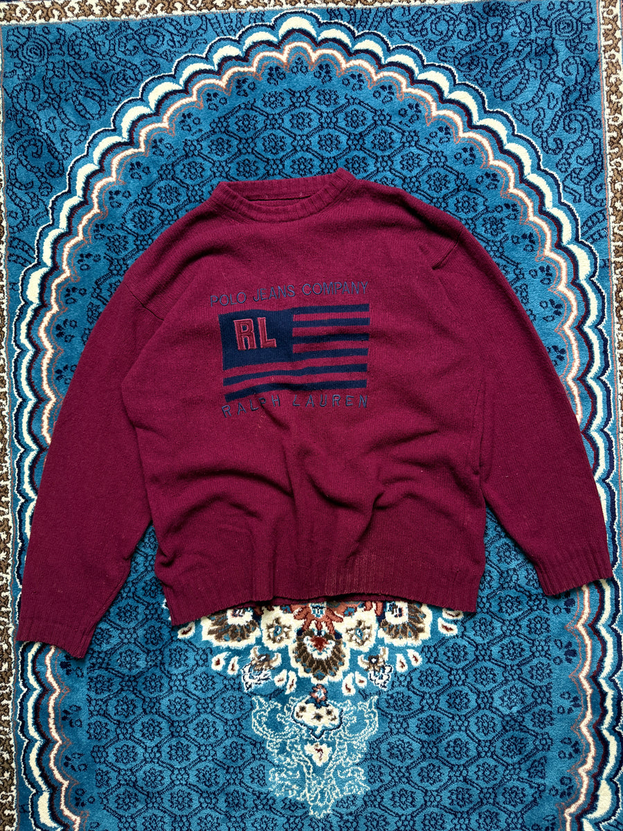 Polo Jeans Co. Maroon Flag Lambs Wool Crewneck Sweater - XL