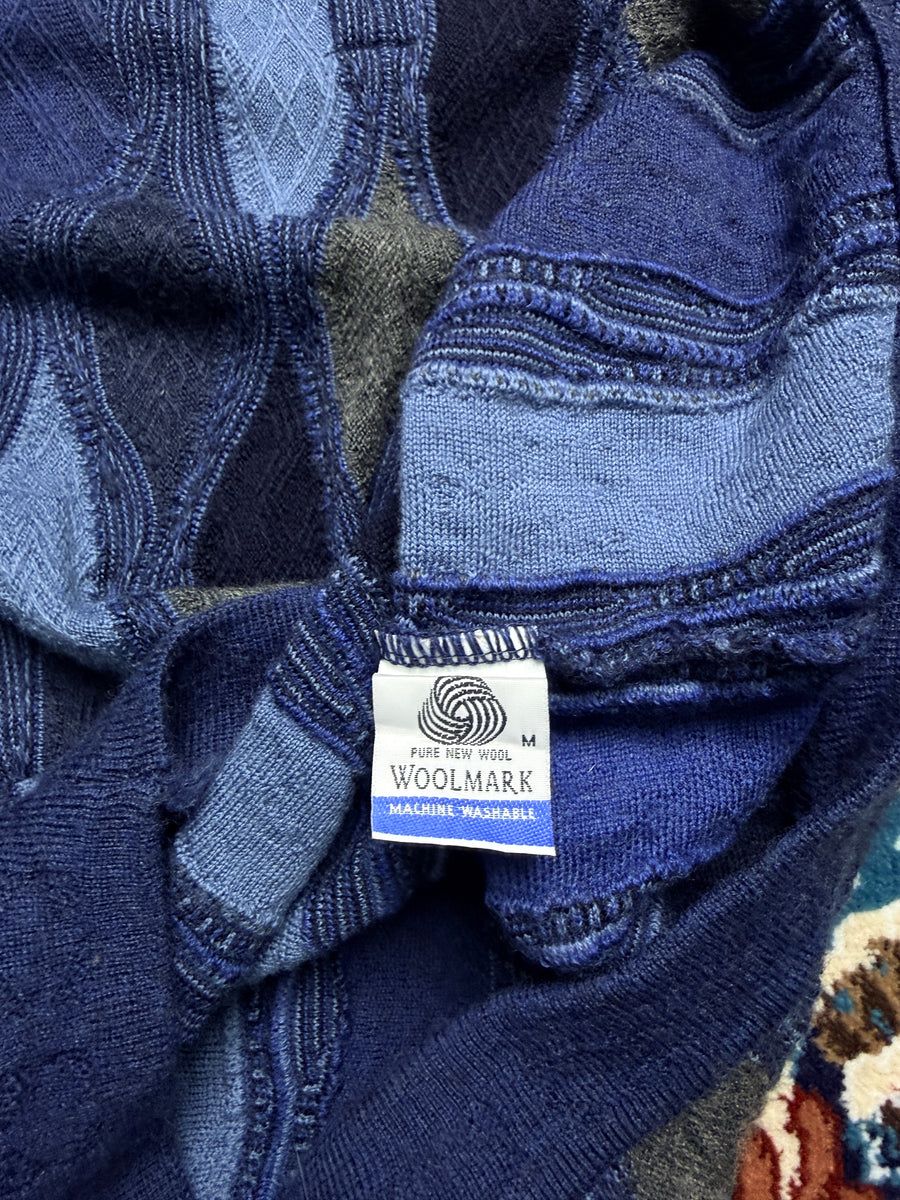 Woolmark Blue Patterned Polo Style Sweater - M