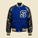 Meca Sportswear Black & Blue Leather Varsity Jacket Distressed - M