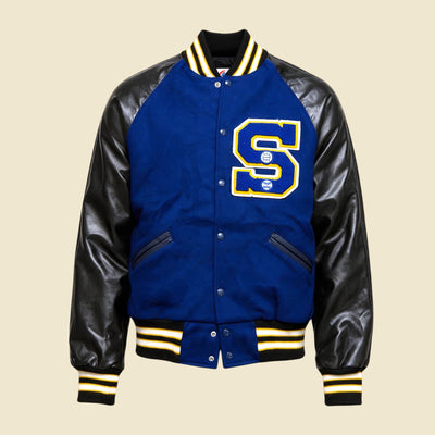Meca Sportswear Black & Blue Leather Varsity Jacket Distressed - M