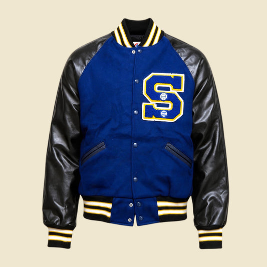 Meca Sportswear Black & Blue Leather Varsity Jacket Distressed - M
