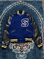 Meca Sportswear Black & Blue Leather Varsity Jacket Distressed - M