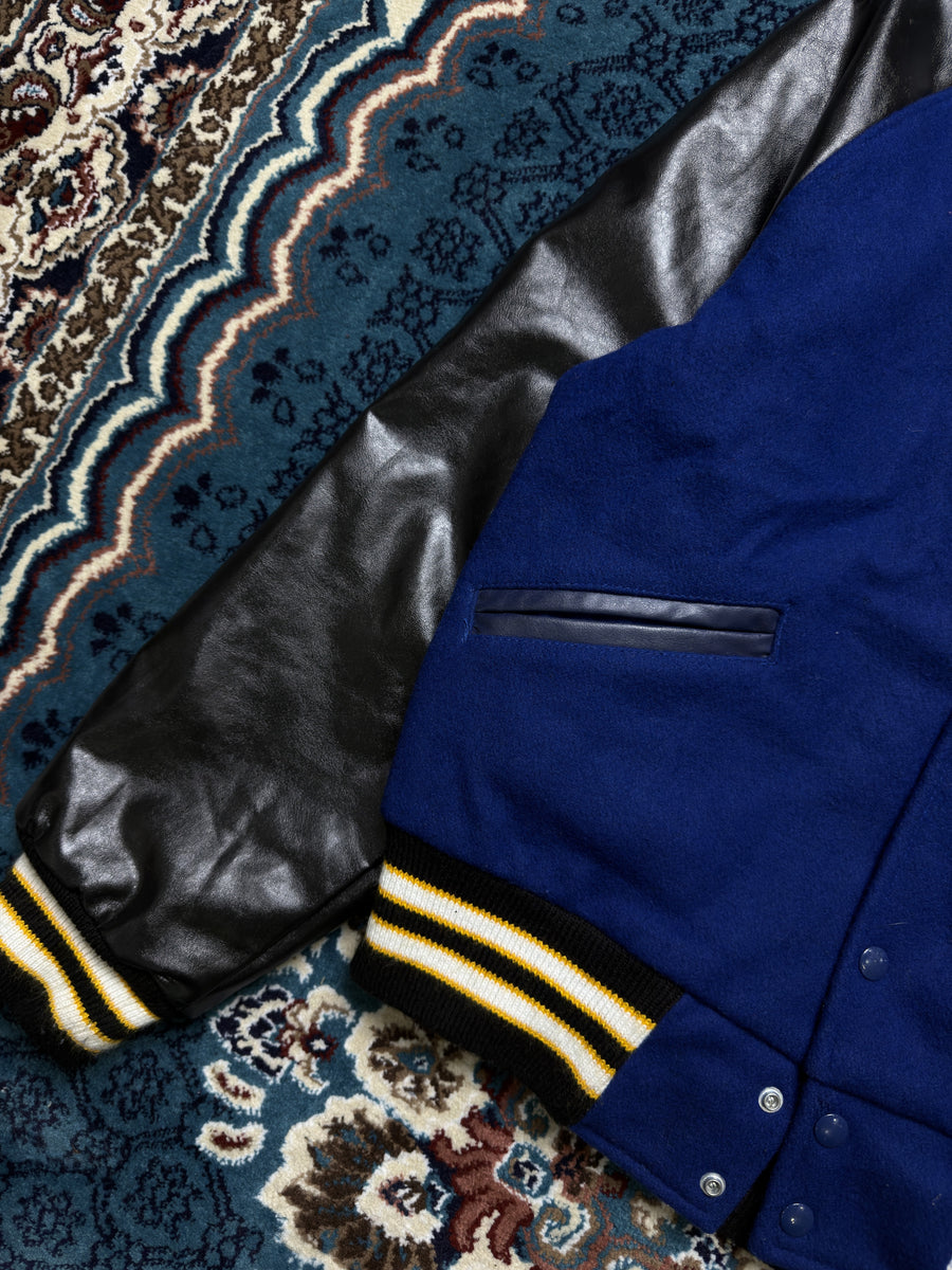 Meca Sportswear Black & Blue Leather Varsity Jacket Distressed - M