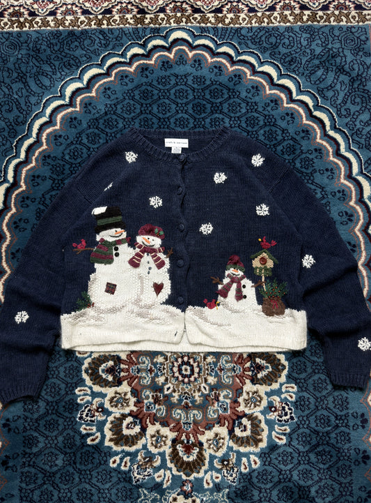 Croft & Barrow Navy Blue & White Snowman Cardigan - L