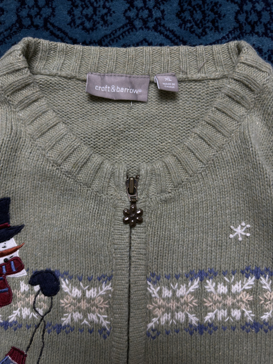 Croft & Barrow Light Green Snowman Zipper - L