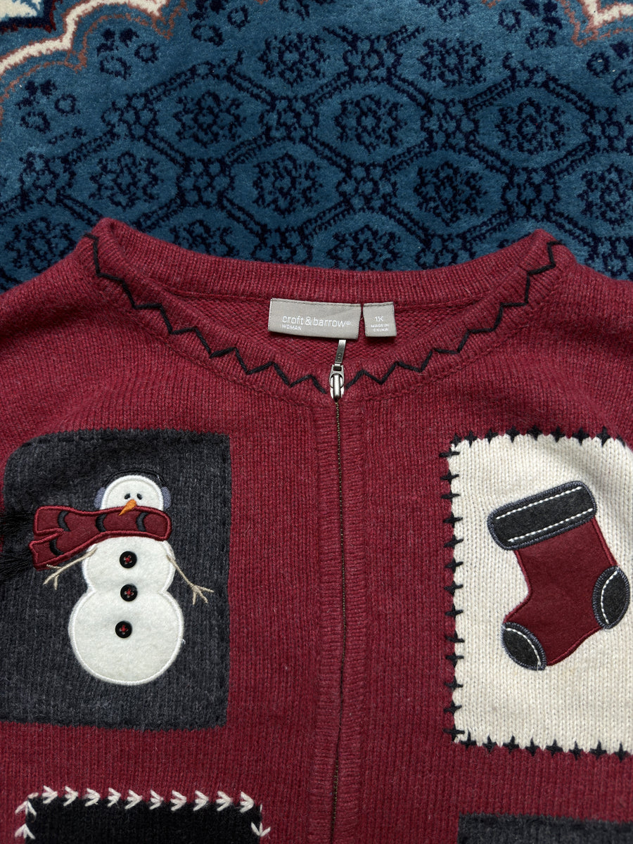 Croft & Barrow Maroon Snowman Zipper - L