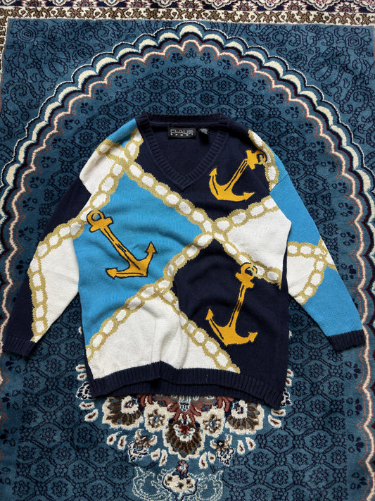 Claus Sport Blue & White V Neck Patterned Sweater - S/M